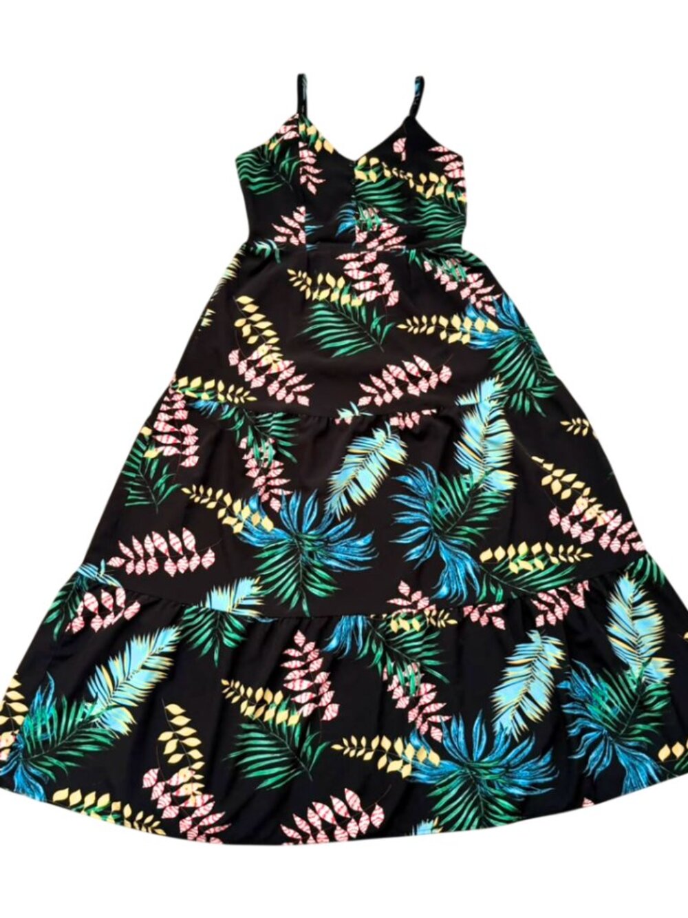 Maloko Tropical Palm Leaf Sundress - Smocked Back Wide Hem Cami Maxi Dress, Size
